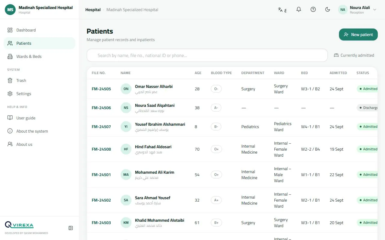 Patient register and admission